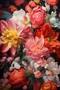 Various flowers close up. Floral vivid bright blossoms background. Holiday greeting or invitation vertical card