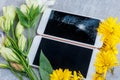 Various flowers are laid out around two mobile phones, one of them with a broken screen. Royalty Free Stock Photo