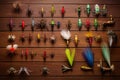 various fly fishing lures on a wooden surface Royalty Free Stock Photo