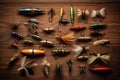 various fly fishing lures on a wooden surface Royalty Free Stock Photo