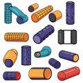 Various foam rollers in bright colors and different designs, featuring textures like Royalty Free Stock Photo