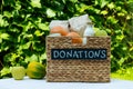 Various food in a box for donations on a table on a background of greens. Charity and donation concept, copy space Royalty Free Stock Photo