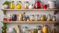 Various food ingredients and utensils on kitchen shelves isolated. Generative AI Royalty Free Stock Photo