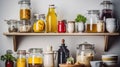 Various food ingredients and utensils on kitchen shelves isolated. Generative AI Royalty Free Stock Photo