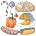 Various Foods in Pencil Colour Sketch Simple Style