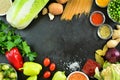 Various foods and vegetables on black background - cover photo