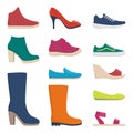 Various footwear, set of icons. Colorful shoes and boots for women and men. Vector illustration. Collection for shop and fashion Royalty Free Stock Photo