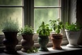 Various fragrant potted plants inside on a windowsill Royalty Free Stock Photo