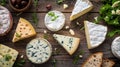 Various French cheeses on a wooden table with green salad