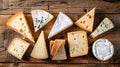 Various French cheeses on a wooden table, viewed from above.