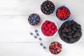 Various fresh berries close-up including blueberries, raspberries, blackberries and currants on a white wooden background. Royalty Free Stock Photo