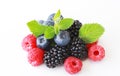 Various fresh berries isolated on white background. Raspberry, Blueberry, Cranberry, Blackberry and Mint leaves Royalty Free Stock Photo