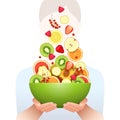 Various fresh fruits and berries are falling in large green bowl Royalty Free Stock Photo