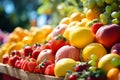 Various fresh fruits and berries at farmers market. Generative AI Royalty Free Stock Photo