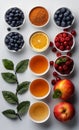 Various fresh fruits and berries with honey and honey on white background Royalty Free Stock Photo