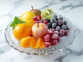 various fresh fruits in plate on white marble table. served with elegance