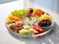 various fresh fruits in plate on white marble table. served with elegance