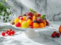 various fresh fruits in plate on white marble table. served with elegance