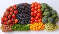 various fresh fruits and vegetables for a healthy food eating and vegetarian diet nutrition in shape of human brain