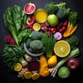 Various fresh healthy raw organic vegetables, herbs and fruits on dark background, top view.