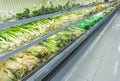 Various fresh organic green vegetables on display in supermarket. Background with lettuce, celery, alo vera, leek. Healthy vegetar Royalty Free Stock Photo