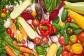 Various fresh organic vegetables on the white table: tomatoes, sliced zucchini, beet, garlic, cabbage, carrots, green beans Royalty Free Stock Photo