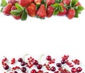 Various fresh summer berries. Ripe strawberries, red currants and cherries on white background. Top view. Berries at border of ima Royalty Free Stock Photo