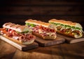Various fresh tasty submarine sandwiches with vegetables,ham,cheese,pork,beef,turkey breast and various sauces on chopping board. Royalty Free Stock Photo