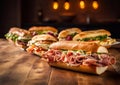 Various fresh tasty submarine sandwiches with vegetables,ham,cheese,pork,beef,turkey breast and various sauces on table.Macro.AI