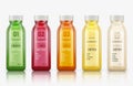 Various fresh vegetable detox juices, colourful smoothies in the bottle on a white background