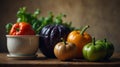 Various fresh vegetables artistically arranged on vintage kitchenware. Royalty Free Stock Photo