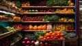 Various fresh vegetables and fruits on supermarket shelves