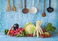 Various fresh vegetables, kitchen utensils, cooking concept,healthy eating Royalty Free Stock Photo
