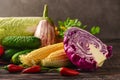 Various fresh vegetables on wooden table Royalty Free Stock Photo