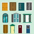 Various front door design for houses and building.Set of colorful isolated doors.