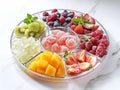 various frozen fruits in five compartment plate on white marble table. served with elegance