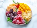 various frozen fruits in five compartment plate on white marble table. served with elegance