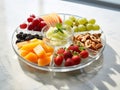 various frozen fruits in five compartment plate on white marble table. served with elegance