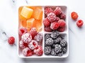 various frozen fruits in rectangular plate on white marble table. served with elegance
