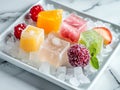 various frozen fruits in rectangular plate on white marble table. served with elegance