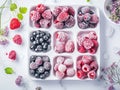 various frozen fruits in rectangular plate on white marble table. served with elegance