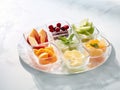 various frozen fruits in rectangular plate on white marble table. served with elegance