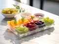 various frozen fruits in rectangular plate on white marble table. served with elegance