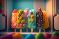 Various fruit chocolate berry colored popsicle lined up in a refrigerator freezer, shop window. Generative AI Royalty Free Stock Photo