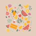 Various fruit collection. Linear graphic. Summer fruits set. Scandinavian style. Vector illustration