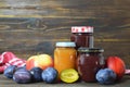 Fruit jam jars and fresh fruits Royalty Free Stock Photo