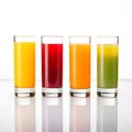 various fruit juices in glasses on white background, ai generative Royalty Free Stock Photo