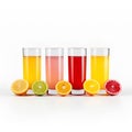 various fruit juices in glasses on white background, ai generative Royalty Free Stock Photo