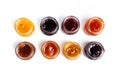 Various fruit jams in jars top view Royalty Free Stock Photo