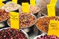 Various fruit teas on the counter in the market. Royalty Free Stock Photo